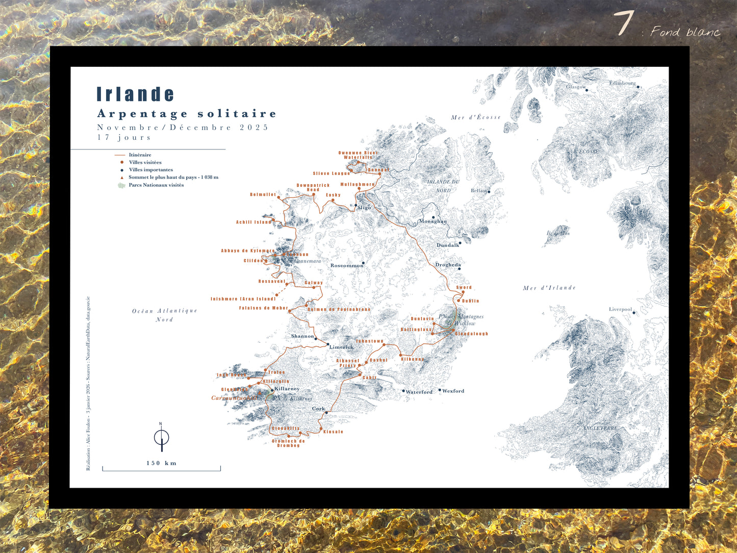 Itinéraire sur carte graphique imprimée et encadrée